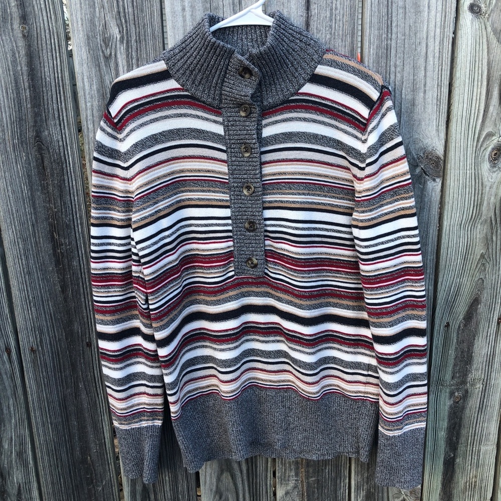 Eddie Bauer Women's Striped Mock Neck Half Button Long Sleeve Knit Sweater